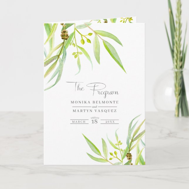 Eucalyptus leaves watercolor green wedding program (Front)