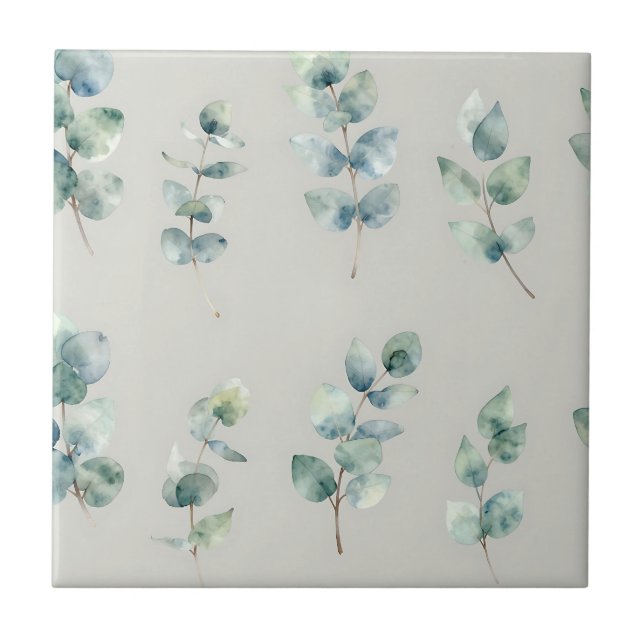 Eucalyptus Leaves Watercolor Pattern Ceramic Tile (Front)