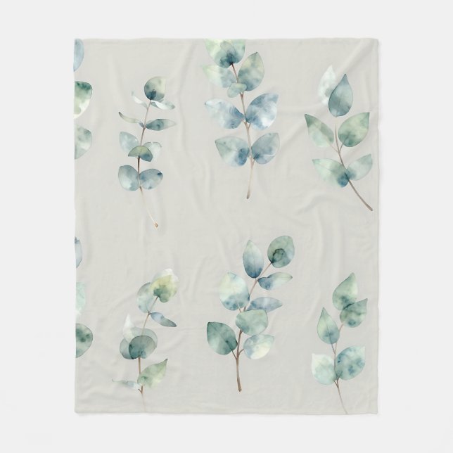 Eucalyptus Leaves Watercolor Pattern Fleece Blanket (Front)