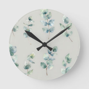 Eucalyptus Leaves Watercolor Pattern Round Clock