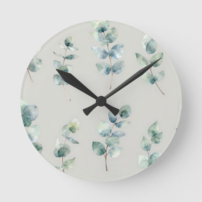 Eucalyptus Leaves Watercolor Pattern Round Clock (Front)