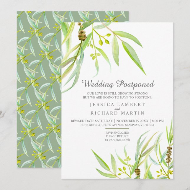 Eucalyptus leaves watercolor postponed wedding invitation (Front/Back)