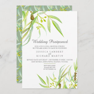 Eucalyptus leaves watercolor postponed wedding invitation