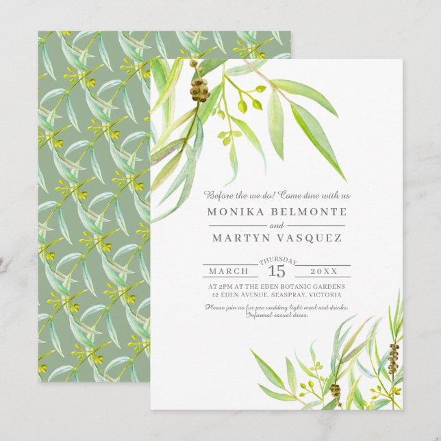 Eucalyptus leaves watercolor rehearsal dinner invitation (Front/Back)