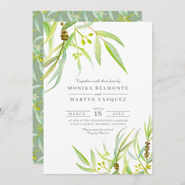 Eucalyptus leaves watercolor wedding invitation (Front/Back)