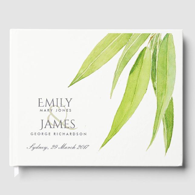 EUCALYPTUS LEAVES WATERCOLOUR FOLIAGE MONOGRAM GUEST BOOK (Front)