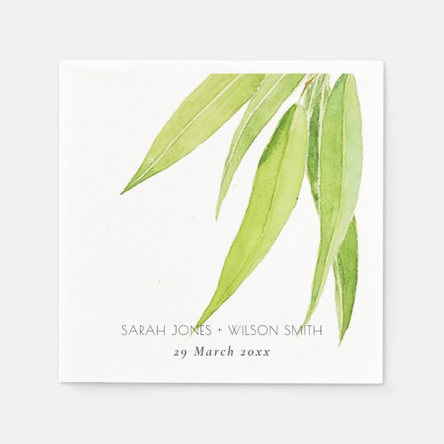 EUCALYPTUS LEAVES WATERCOLOUR FOLIAGE MONOGRAM NAPKINS (Front)