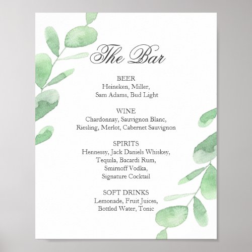 Eucalyptus leaves Wedding Bar menu Poster