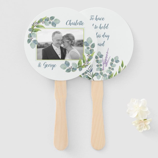 Eucalyptus Leaves Wedding Fan Photo n Saying (Front and Back)