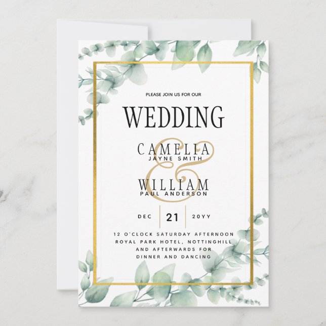 Eucalyptus Leaves WEDDING Greenery GOLD QR CODE  Invitation (Front)