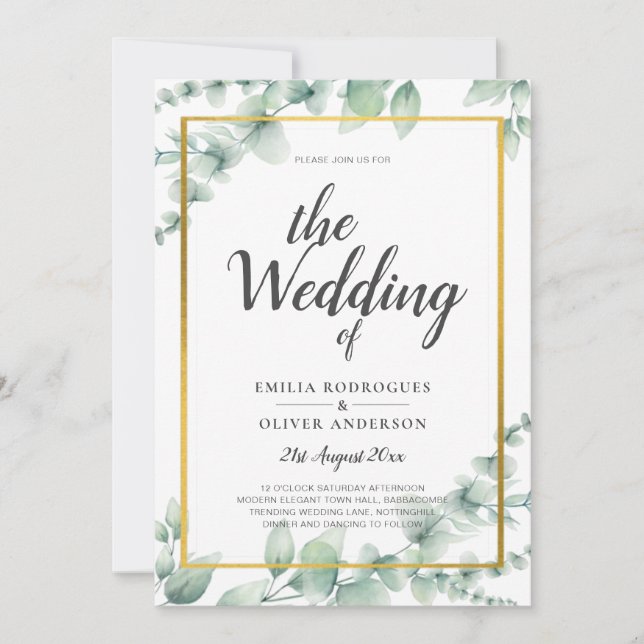 Eucalyptus Leaves WEDDING Greenery GOLD QR CODE  Invitation (Front)