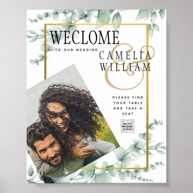 Eucalyptus Leaves WEDDING Greenery GOLD QR CODE  Poster (Front)