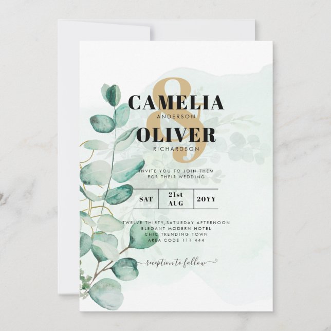 Eucalyptus Leaves Wedding Greenery QR CODE Modern Invitation (Front)