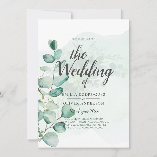 Eucalyptus Leaves Wedding Greenery QR CODE Modern Invitation (Front)