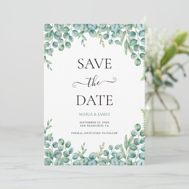 Eucalyptus Leaves Wedding Save The Date (Standing Front)