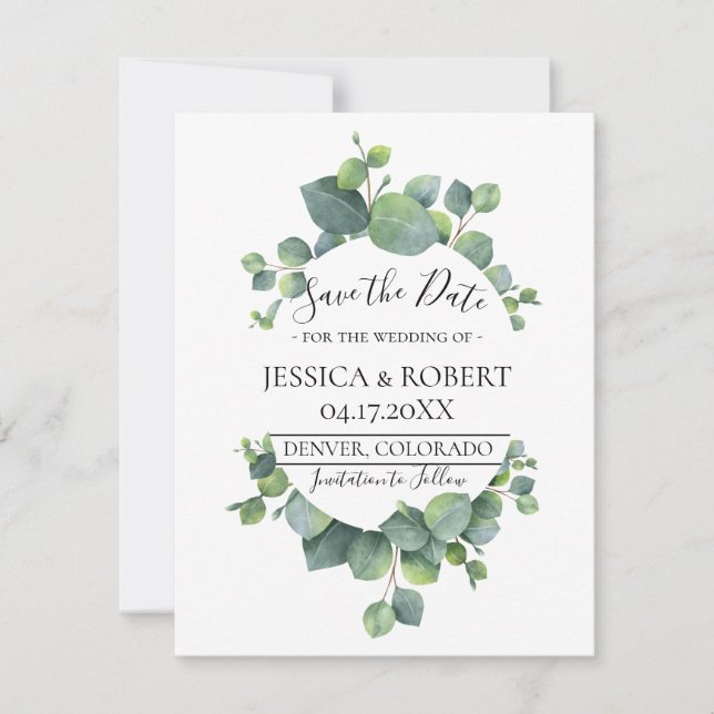 Eucalyptus Leaves Wedding Save the Date (Front)