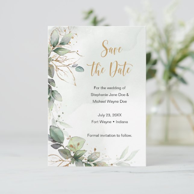 Eucalyptus Leaves Wedding Save the Date (Standing Front)