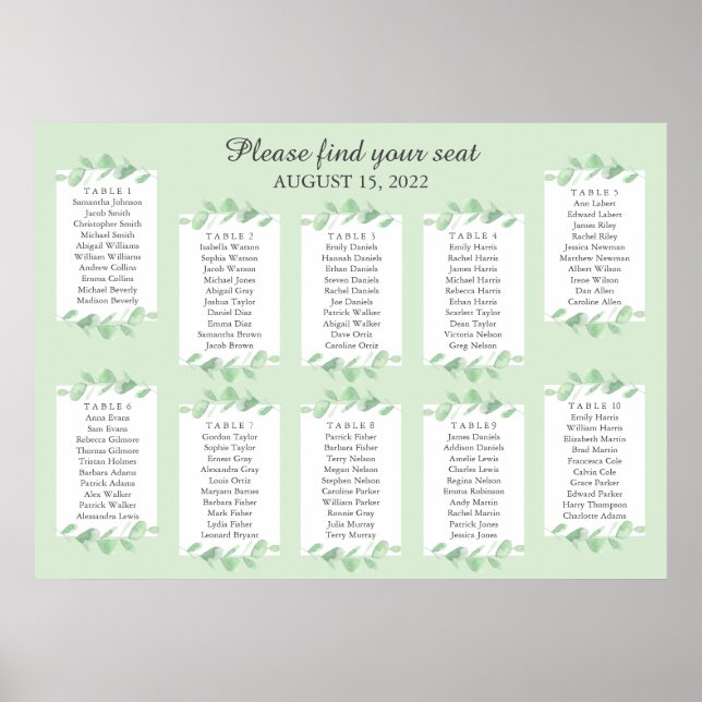 Eucalyptus leaves. Wedding Seating Chart Poster (Front)