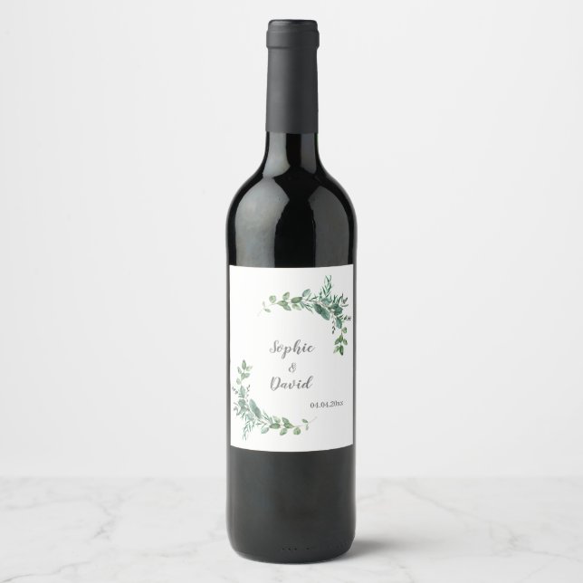  Eucalyptus Leaves Wedding Watercolor Wine Label (Front)