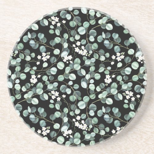 Eucalyptus Leaves White Flowers Pattern Coaster