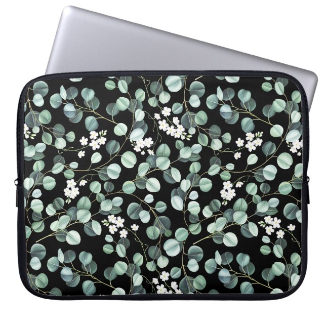 Eucalyptus Leaves: White Flowers Pattern Laptop Sleeve (Front)
