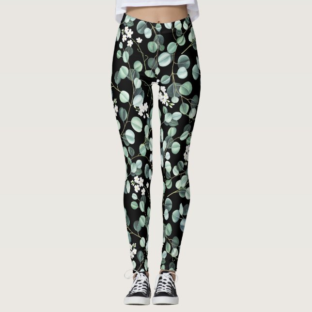 Eucalyptus Leaves: White Flowers Pattern Leggings (Front)