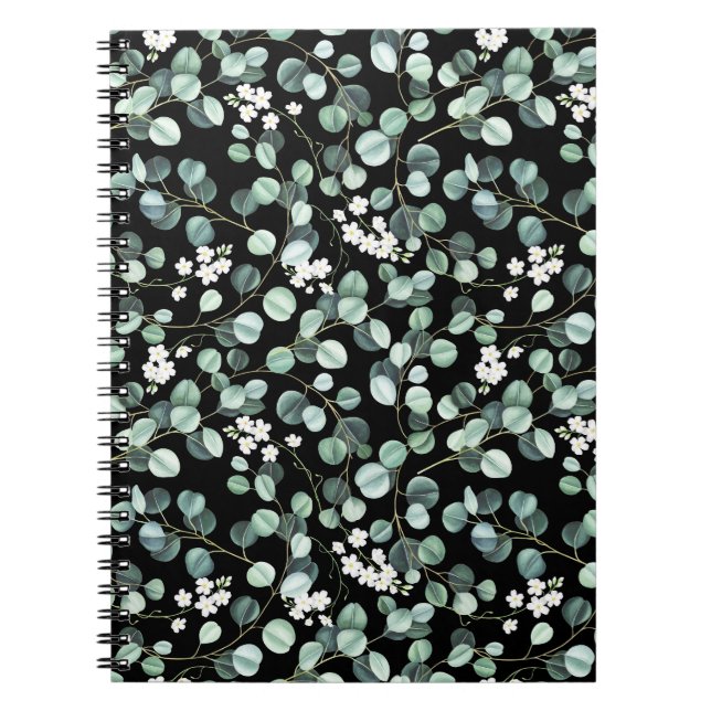 Eucalyptus Leaves: White Flowers Pattern Notebook (Front)