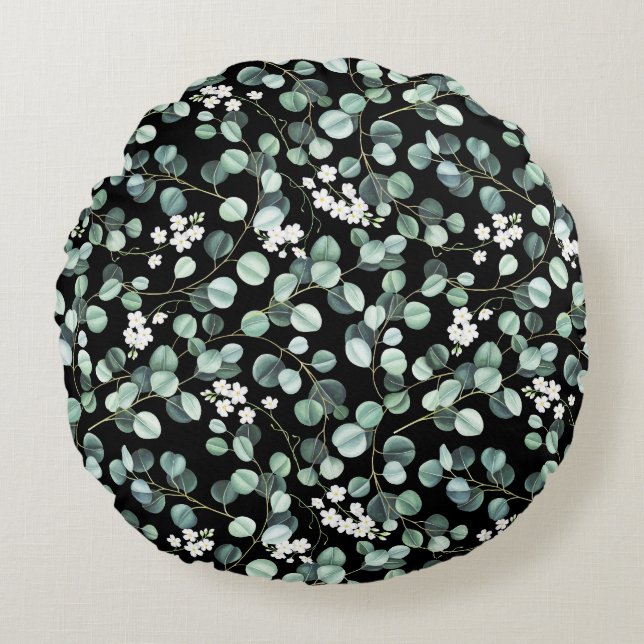 Eucalyptus Leaves: White Flowers Pattern Round Pillow (Front)