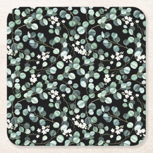 Eucalyptus Leaves White Flowers Pattern Square Paper Coaster