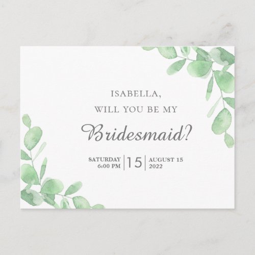 Eucalyptus leaves Will you be my bridesmaid Postcard