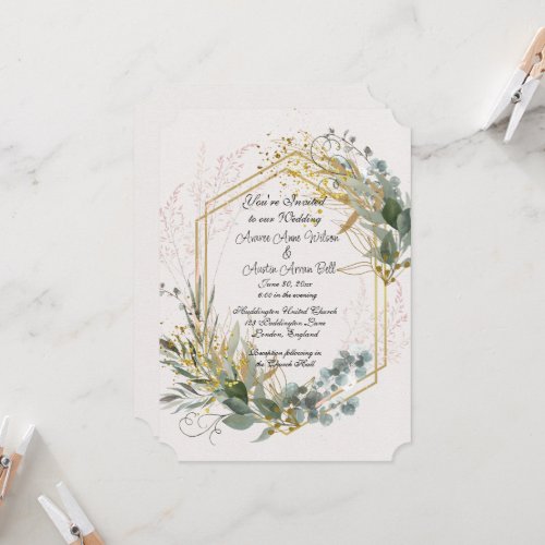 Eucalyptus Leaves With Gold Accents and Frame  Invitation