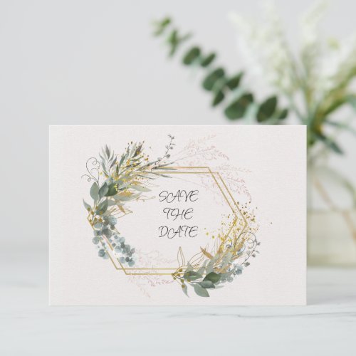 Eucalyptus Leaves With Gold Accents and Frame Save The Date