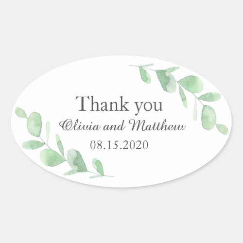 Eucalyptus leaves Woodland wedding Thank You Oval Sticker