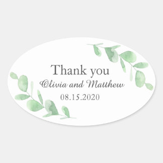 Eucalyptus leaves. Woodland wedding Thank You Oval Sticker