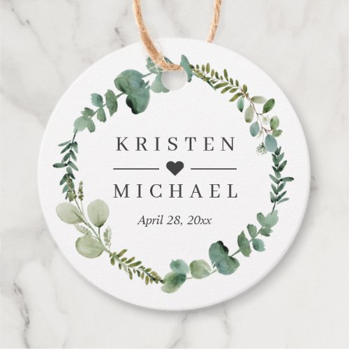 Eucalyptus Leaves Wreath Chic Wedding Favor Tags - Eucalyptus Leaves Wreath Chic Wedding Favor Tag.
(1) For further customization or adding more text on the back, please click the "customize further" link and use our design tool to modify this template. 
(2) If you need help or matching items, please contact me.
