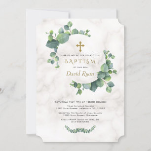 Eucalyptus Leaves Wreath Cross Marble Baptism Invitation