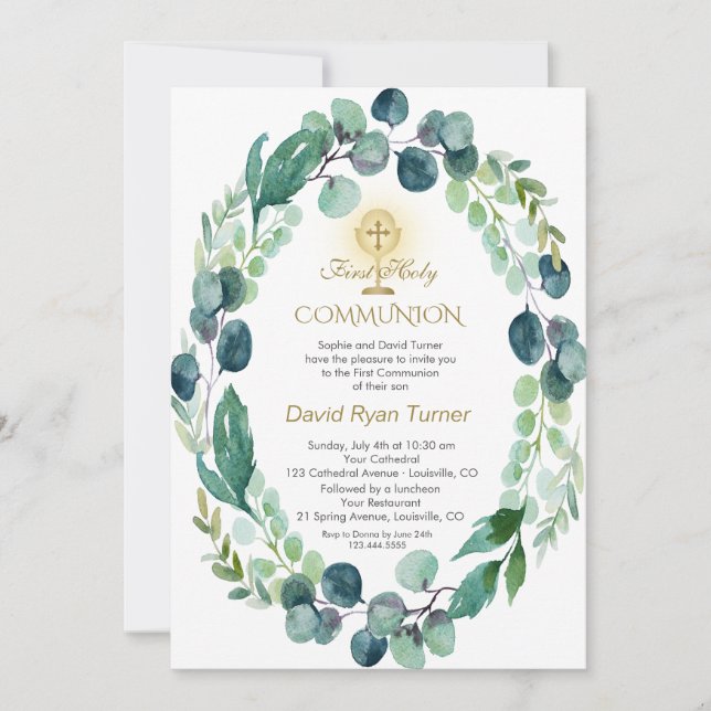 Eucalyptus Leaves Wreath Gold Holy Communion Invitation (Front)