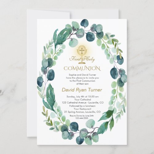 Eucalyptus Leaves Wreath Gold Holy Communion Invitation