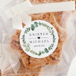 Eucalyptus Leaves Wreath Wedding Favor Classic Round Sticker<br><div class="desc">This Eucalyptus Leaves Wreath Wedding Favor is a beautiful way to thank your guests for being a part of your special day. The size of the favor is perfect for small gifts, such as candy or small trinkets. These favors are perfect for anyone who wants to add a touch of...</div>