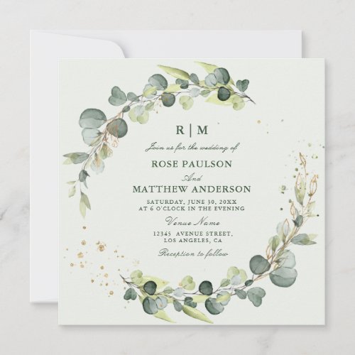 eucalyptus leaves wreath wedding invitation