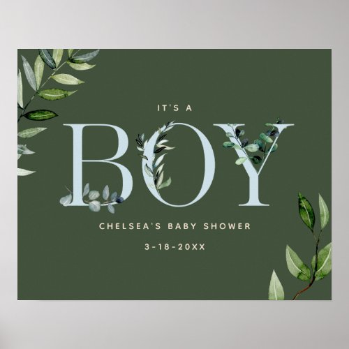 Eucalyptus Lettering Blue Boy Baby Shower Poster