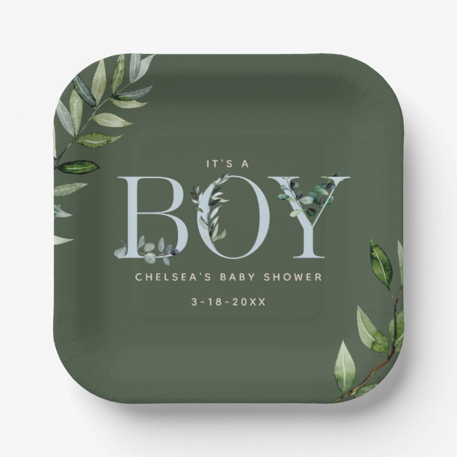 Eucalyptus Lettering Green Blue Boy Baby Shower Paper Plates (Front)