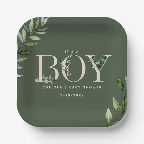 Eucalyptus Lettering Green Boy Baby Shower Paper Plates