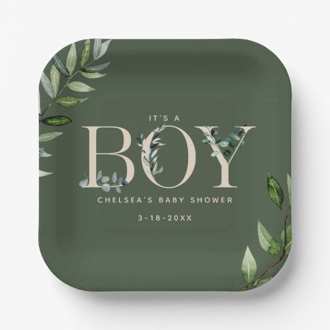 Eucalyptus Lettering Green Boy Baby Shower Paper Plates (Front)
