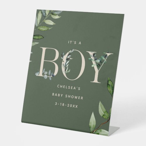 Eucalyptus Lettering Green Boy Baby Shower Welcome Pedestal Sign
