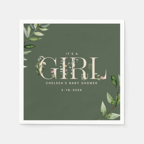 Eucalyptus Lettering Green Girl Baby Shower Napkins