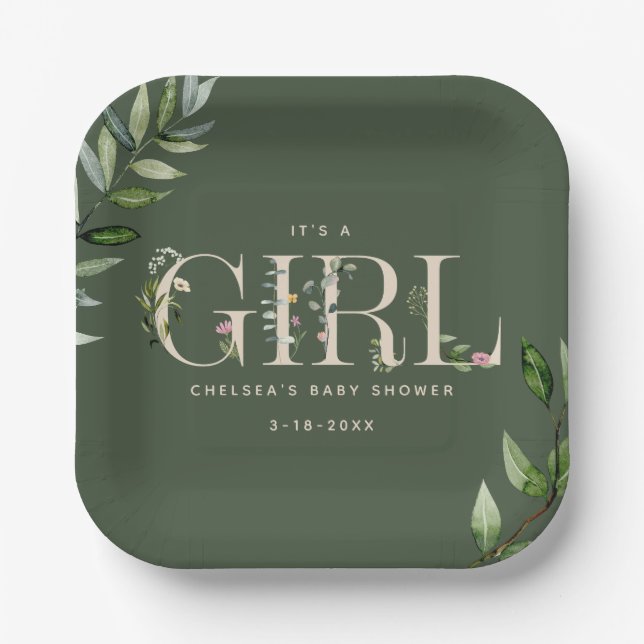 Eucalyptus Lettering Green Girl Baby Shower Paper Plates (Front)