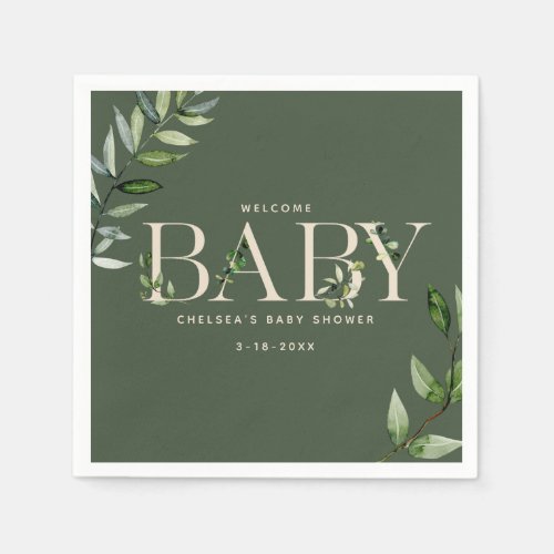 Eucalyptus Lettering Green Neutral Baby Shower  Napkins