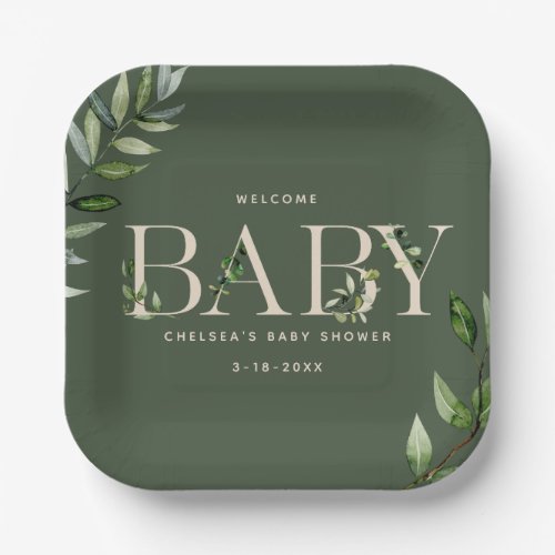 Eucalyptus Lettering Green Neutral Baby Shower Paper Plates