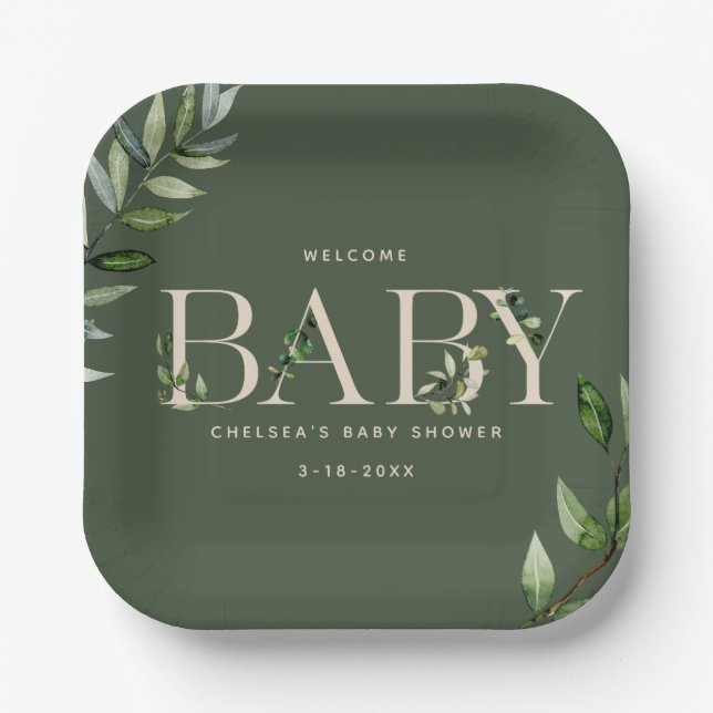 Eucalyptus Lettering Green Neutral Baby Shower Paper Plates (Front)